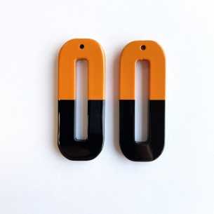 Long rectangle natural horn pendant .Orange and black lacquer.