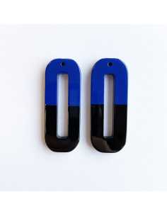 Long rectangle natural horn pendant .Blue and black lacquer.