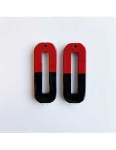 Pendentif grand rectangle arrondi en corne de buffle, laquée rouge et noir