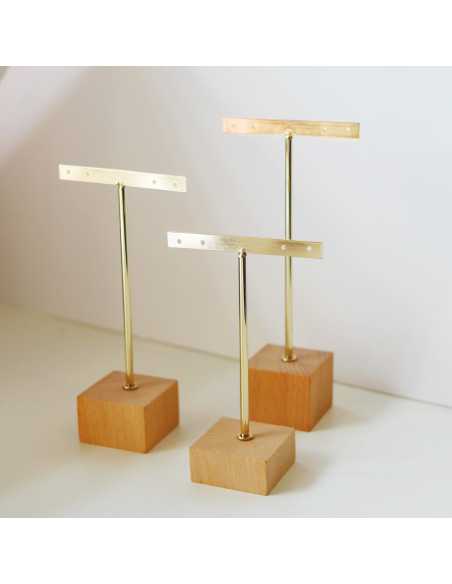 Lot de 3 présentoirs dorés pour boucles d'oreilles, 3 hauteurs, pieds en bois