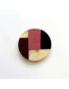 Pendant round geometric patterns buffalo horn and lacquer burgundy, red and black.