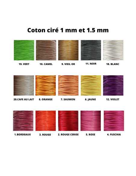 Cordon "coton ciré" en 1mm ou 1.5 mm, différents coloris, par 20 mètres