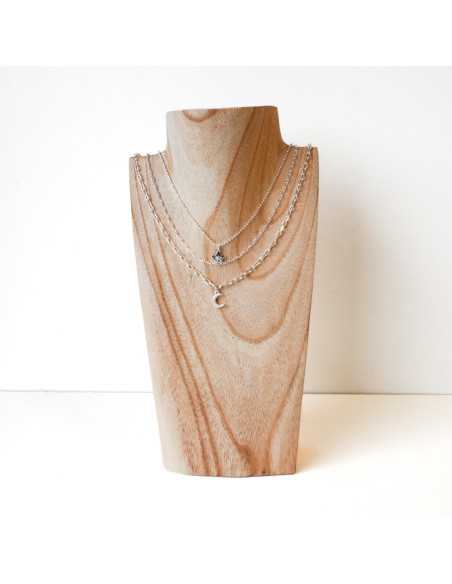 Collier Hélène, trois rangs, breloques étoile et lune