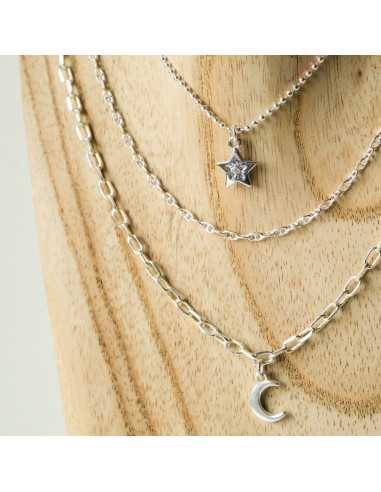 Collier Hélène, trois rangs, breloques étoile et lune