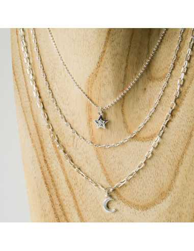 Collier Hélène, trois rangs, breloques étoile et lune