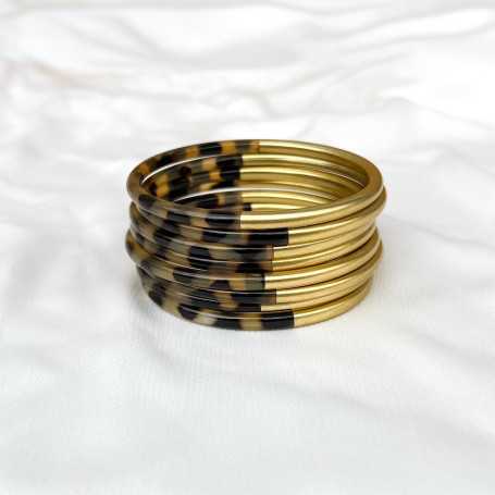 Jonc fin corne de buffle léopard et laqué doré 4mm - Sucre et Cannelle grossiste en bijoux de corne de buffle