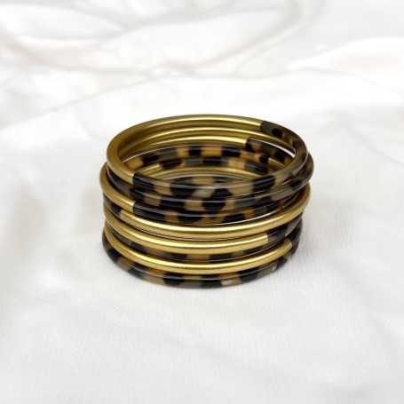 Jonc fin corne de buffle léopard et laqué doré 4mm - Sucre et Cannelle grossiste en bijoux de corne de buffle