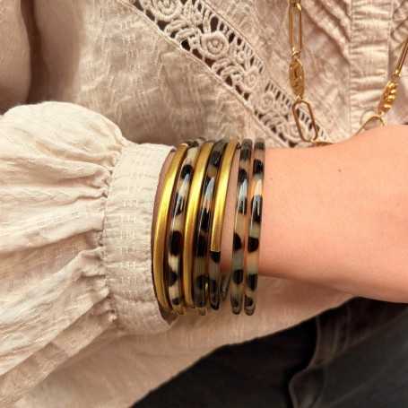 Jonc fin corne de buffle léopard et laqué doré 4mm - Sucre et Cannelle grossiste en bijoux de corne de buffle