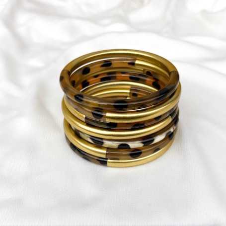 Jonc corne de buffle léopard panthère et laqué doré 6mm - Sucre et Cannelle grossiste en bijoux de corne de buffle