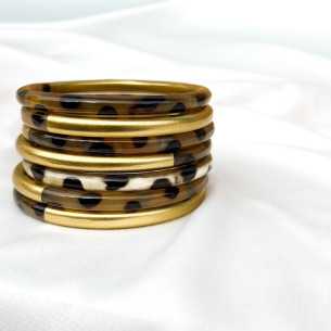 Jonc corne de buffle léopard panthère et laqué doré 6mm - Sucre et Cannelle grossiste en bijoux de corne de buffle 2