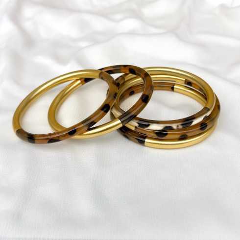 Jonc corne de buffle léopard panthère et laqué doré 6mm - Sucre et Cannelle grossiste en bijoux de corne de buffle