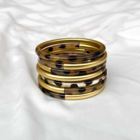 Jonc corne de buffle léopard panthère et laqué doré 6mm - Sucre et Cannelle grossiste en bijoux de corne de buffle