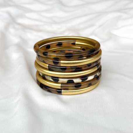 Jonc corne de buffle léopard panthère et laqué doré 6mm - Sucre et Cannelle grossiste en bijoux de corne de buffle