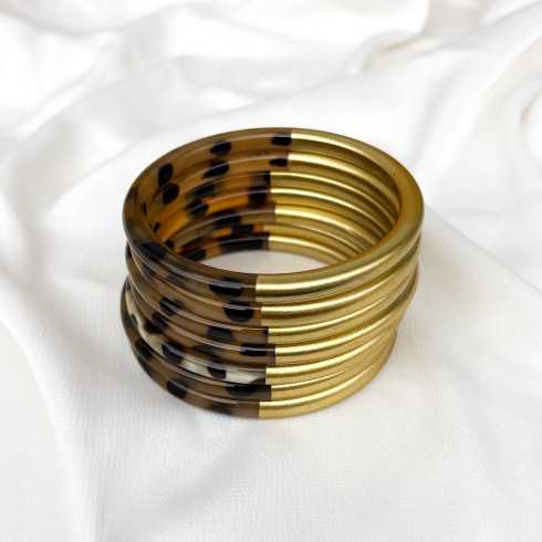 Jonc corne de buffle léopard panthère et laqué doré 6mm - Sucre et Cannelle grossiste en bijoux de corne de buffle