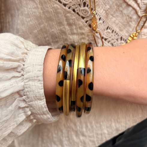 Jonc corne de buffle léopard panthère et laqué doré 6mm - Sucre et Cannelle grossiste en bijoux de corne de buffle