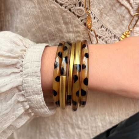 Jonc corne de buffle léopard panthère et laqué doré 6mm - Sucre et Cannelle grossiste en bijoux de corne de buffle
