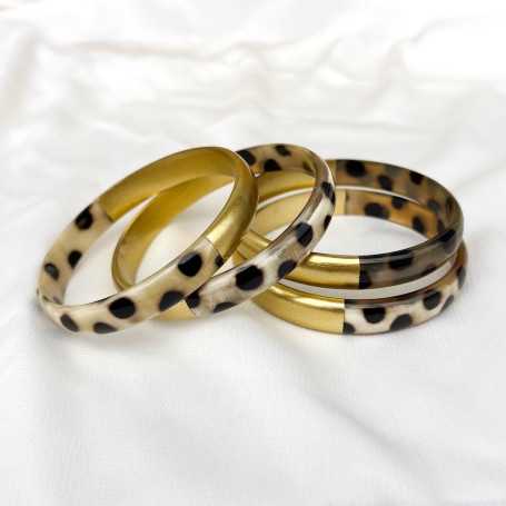 Jonc corne de buffle léopard panthère et laqué doré 10mm - Sucre et Cannelle grossiste en bijoux de corne de buffle