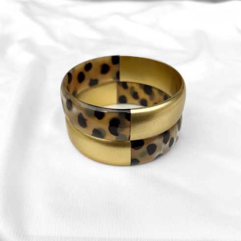 Manchette large corne de buffle léopard panthère et laqué doré 20mm - Sucre et Cannelle grossiste en bijoux de corne de buffle